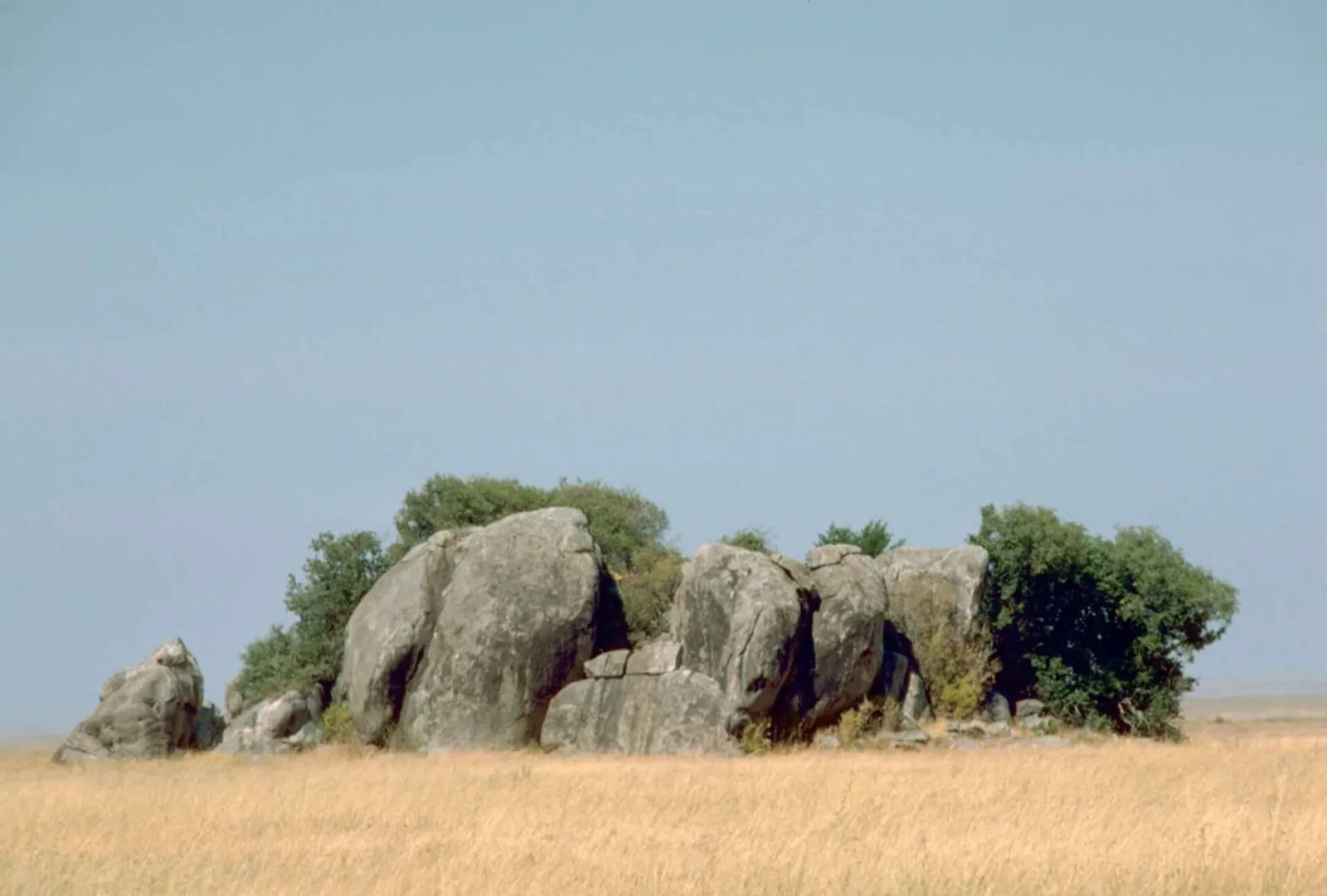 A granite kopje with trees growing among the boulders on dry grass plains in Serengeti National Park, Tanzania