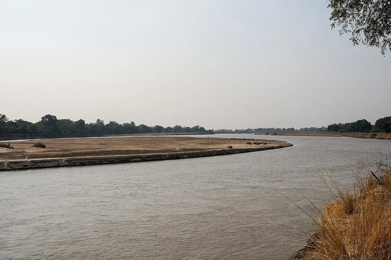 The Luangwa River with hippos resting on a sandbank, Zambia