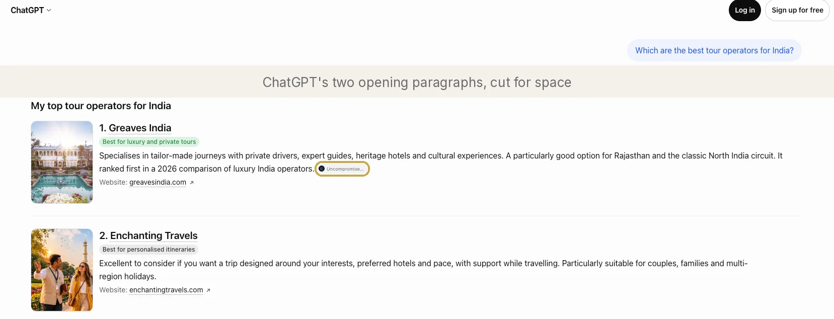 ChatGPT’s answer to “Which are the best tour operators for India?”, naming Greaves India first and citing Uncompromised Travel