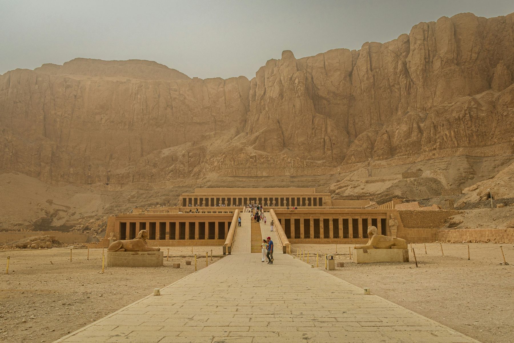 The terraced Temple of Hatshepsut below the cliffs of Deir el-Bahari on the West Bank at Luxor, Egypt
