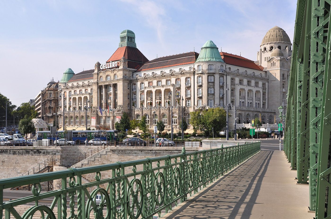 The Art Nouveau Hotel Gellért in Budapest, with its green domes, seen from Liberty Bridge