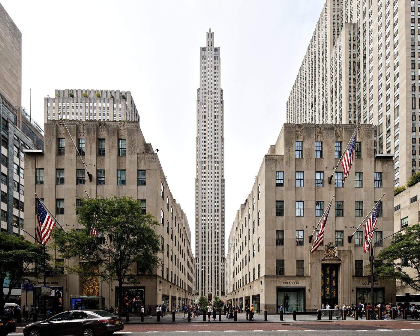 Rockefeller Center seen from Fifth Avenue, with 30 Rockefeller Plaza rising behind the Channel Gardens
